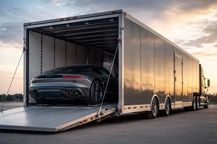 An enclosed auto-transport trailer parked at a depot